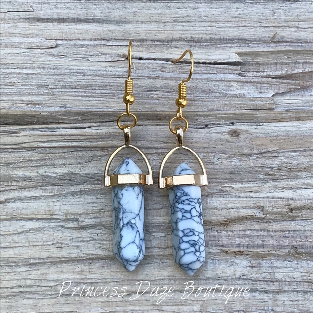 Gold White Marble Stone Dangle Earrings